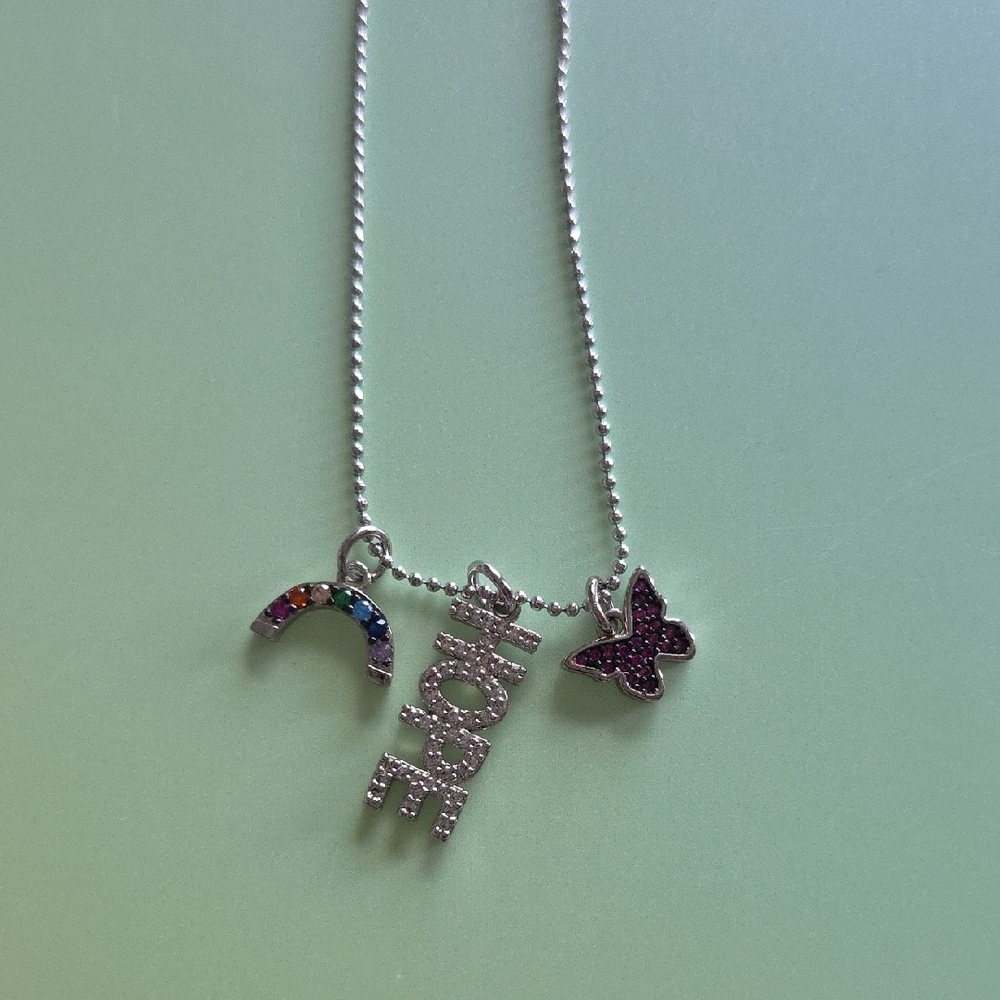Silver Tone Necklace with Rainbow and Butterfly Charms